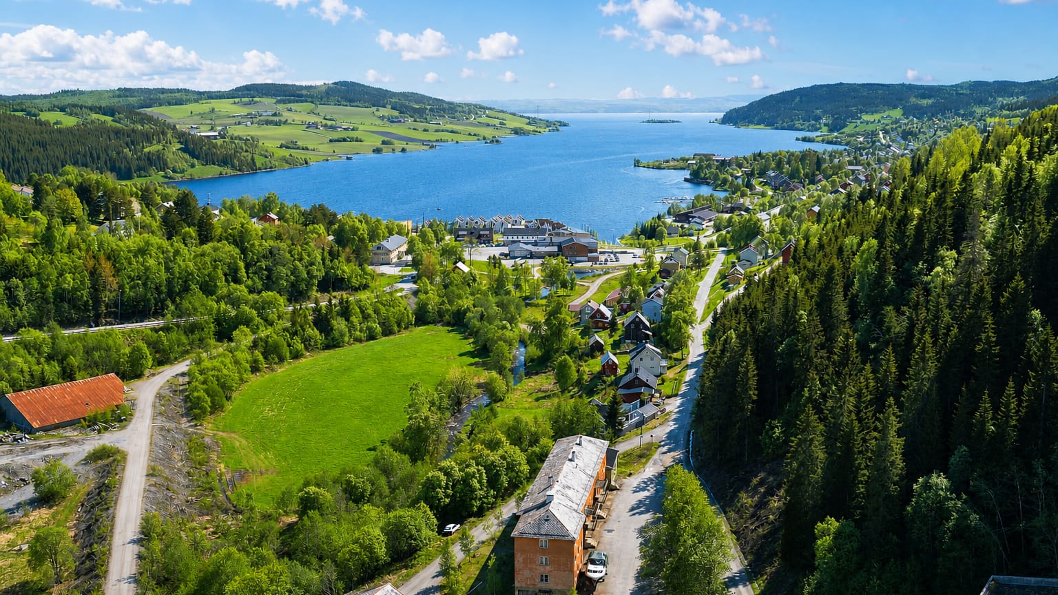 Aerial daytime view of Malm, a small fjord-side town in Trøndelag, Norway, among green hills, meadows and forest.