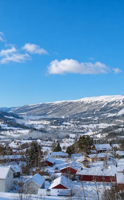 Snow-covered houses and forest in the mountain valley of Meråker, Trøndelag, Norway, under a blue winter sky