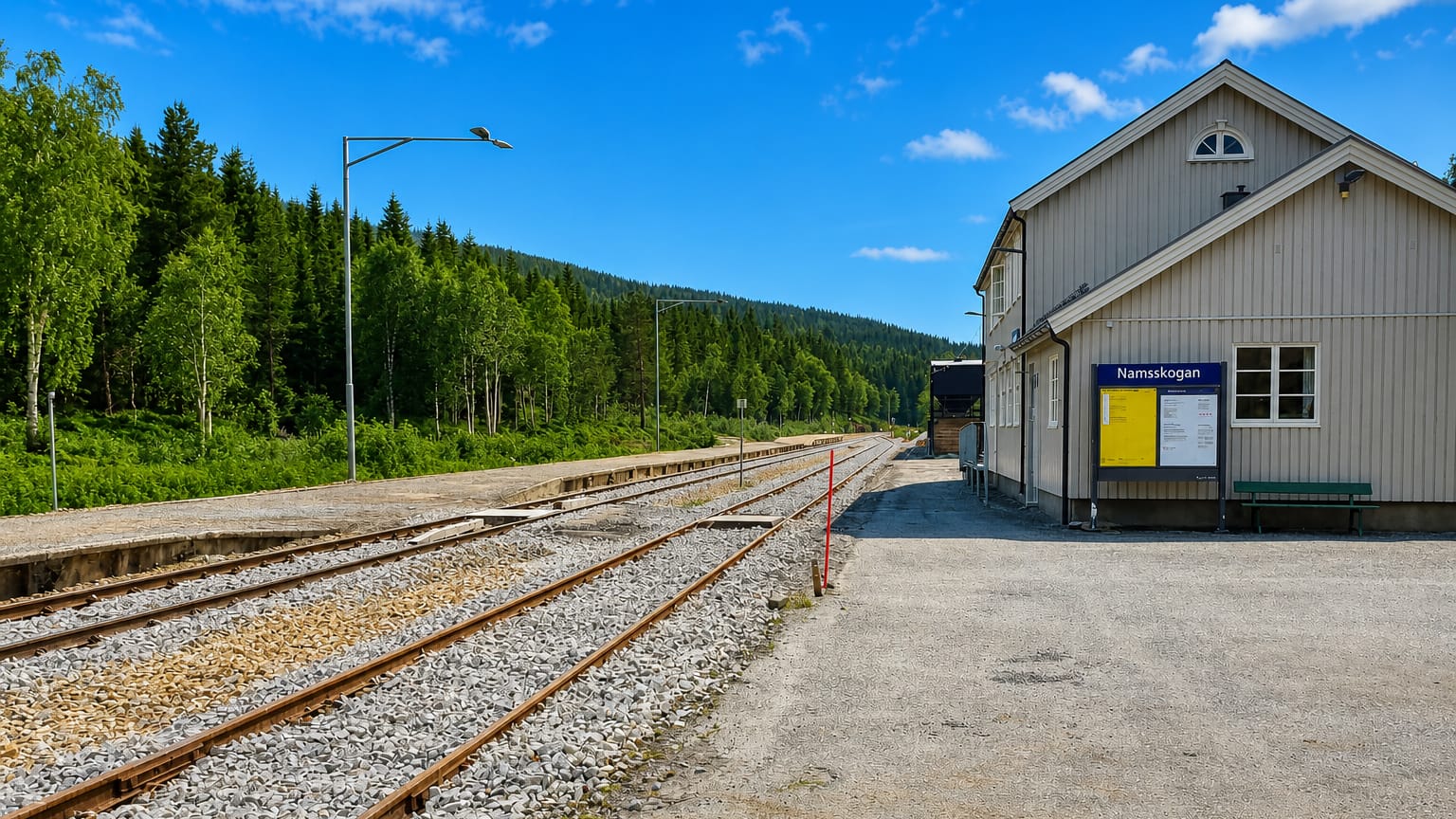 Namsskogan railway station and platform beside forested hills in Namsskogan, Norway.