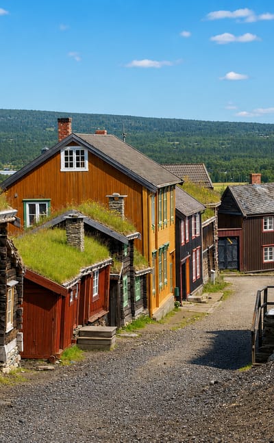 Turf-roofed timber miners' houses lining a gravel street in the historic copper town of Roros, Norway.
