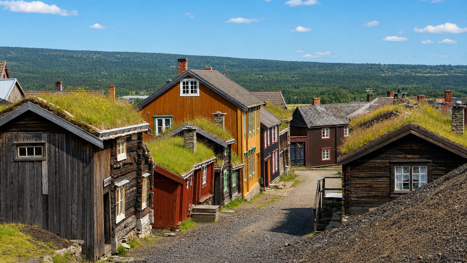 Turf-roofed timber miners' houses lining a gravel street in the historic copper town of Roros, Norway.