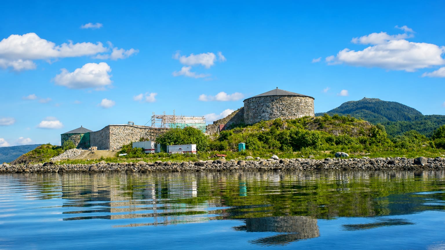Stone fortress with a round tower on a green islet reflected in calm fjord water under a blue sky at Stjørdal, Norway