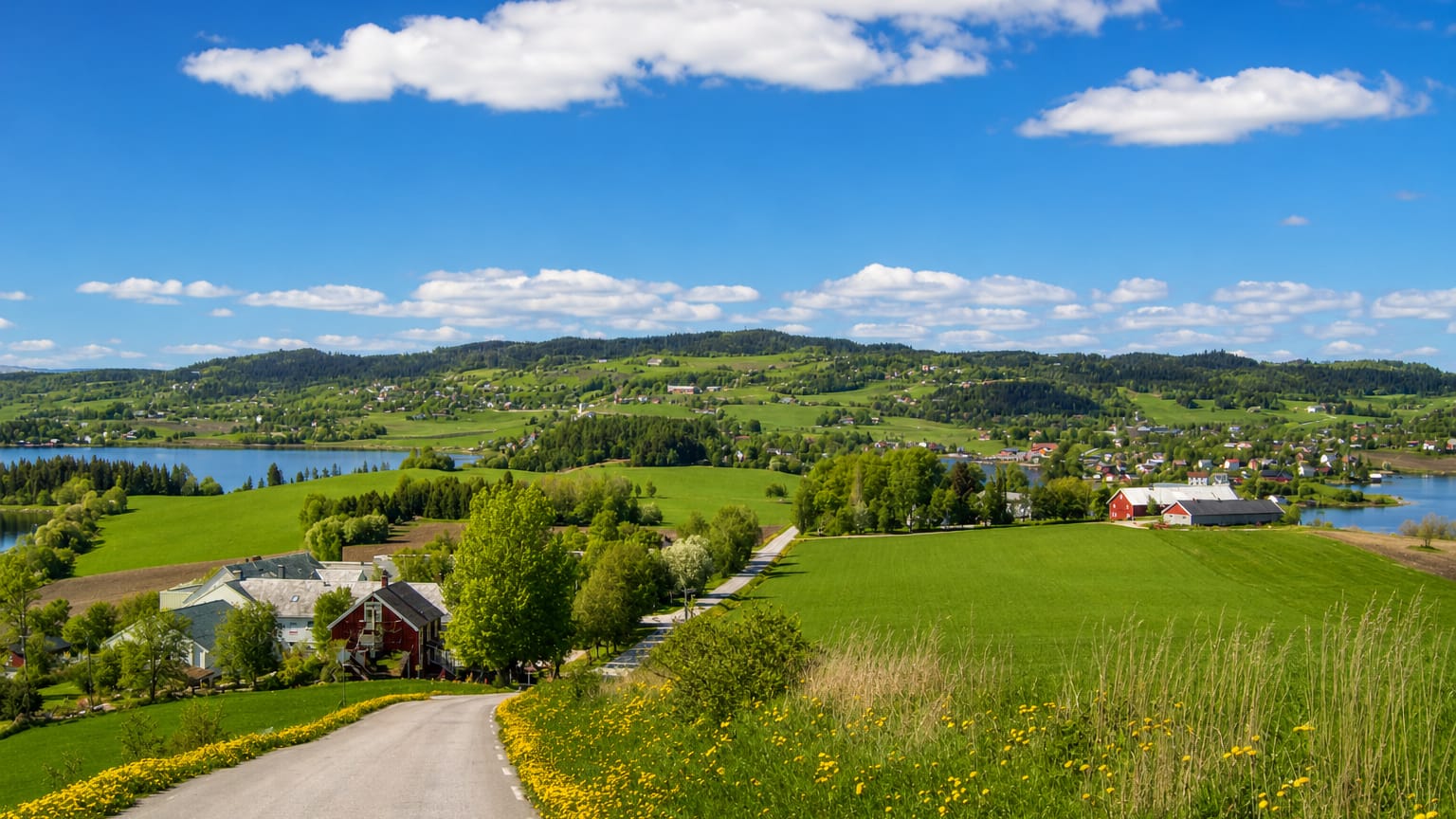 Rolling green farmland with red barns, a lake and a winding road near Straumen in central Norway.