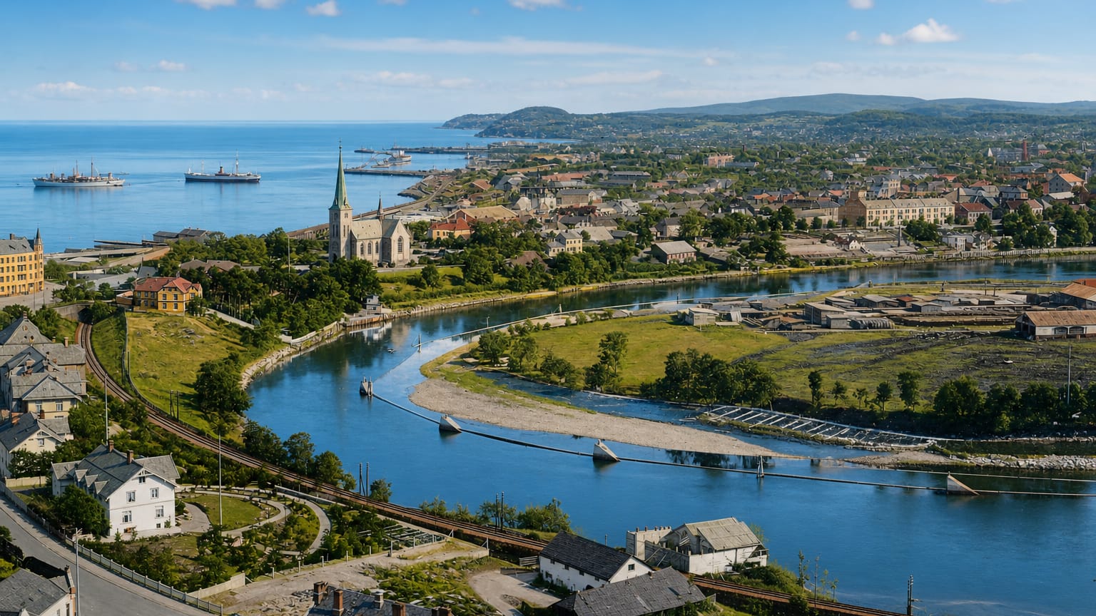 Elevated daytime view over Byåsen, Norway, with a river bending past a church spire toward the fjord and distant hills