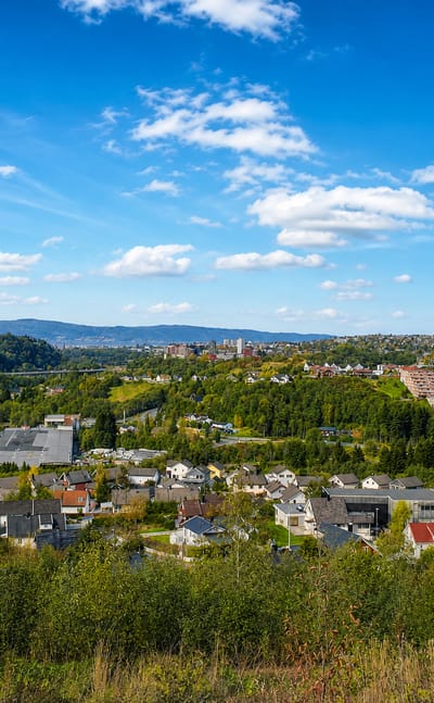 Hillside view over Fossegrenda's wooded residential area and lake toward the Trondheim skyline under a blue sky