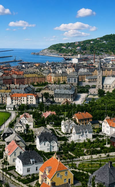 Aerial view over Lademoen, Trondheim, Norway, with red-roofed houses, churches and parks above the blue fjord