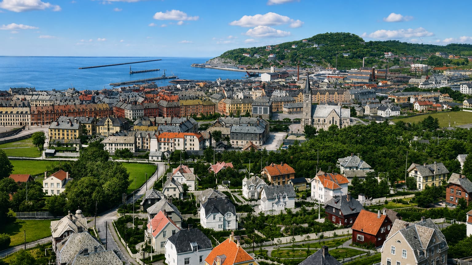 Aerial view over Lademoen, Trondheim, Norway, with red-roofed houses, churches and parks above the blue fjord