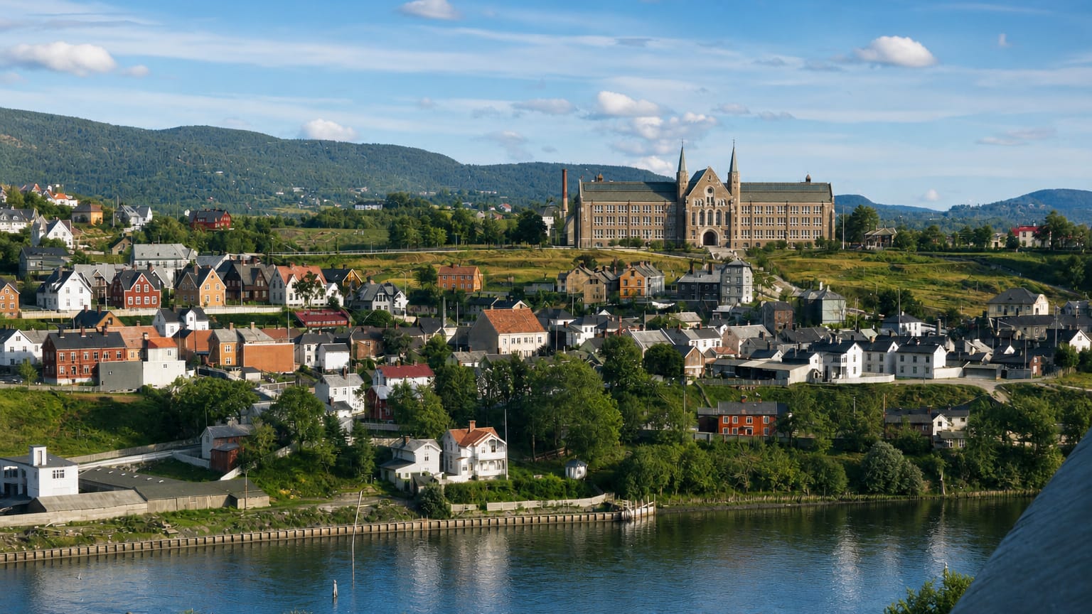 Singsaker district of Trondheim, Norway: timber houses and NTNU's castle-like main building on a green hill above the river.