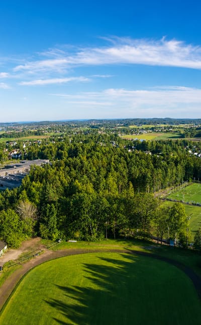Aerial view over Borgheim, Norway, showing forests, football pitches and scattered houses near the Vestfold coastline.