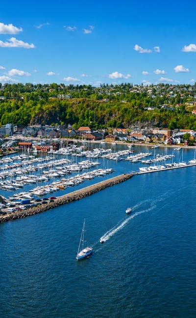 Aerial view of Holmestrand's fjord marina full of moored boats, with the waterfront town and wooded hillside behind on the Oslofjord.