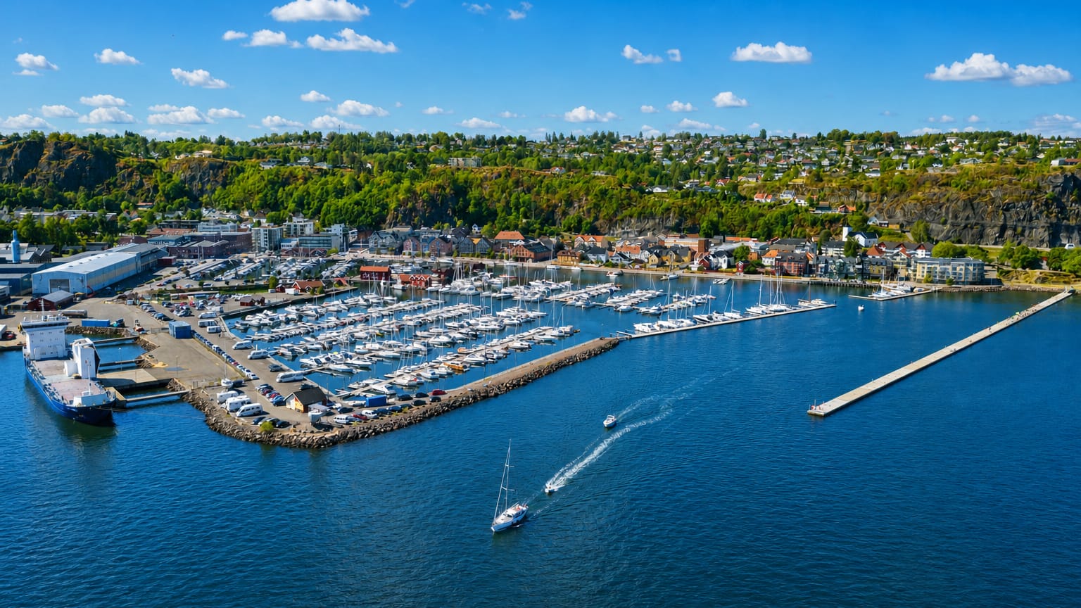 Aerial view of Holmestrand's fjord marina full of moored boats, with the waterfront town and wooded hillside behind on the Oslofjord.