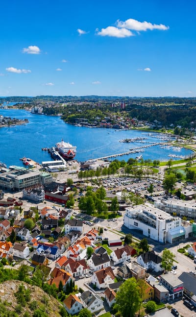 Aerial view of Sandefjord, Norway, with its harbour, ferries, marina and town along the fjord