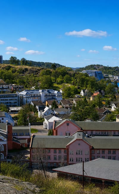 View over Tonsberg, Norway, from Slottsfjellet with the tower, harbour and town below
