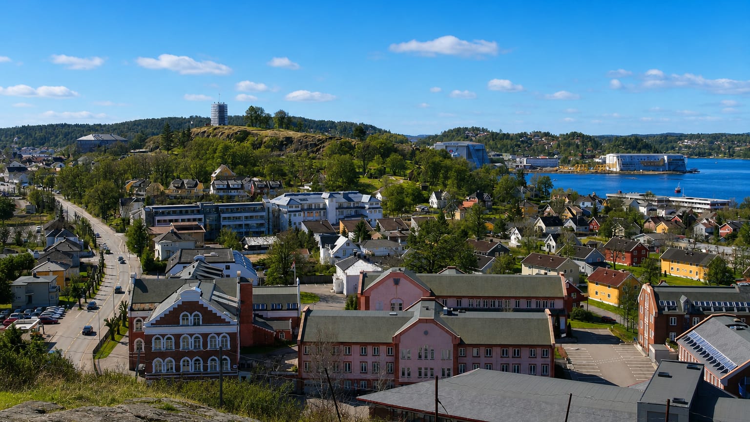 View over Tonsberg, Norway, from Slottsfjellet with the tower, harbour and town below