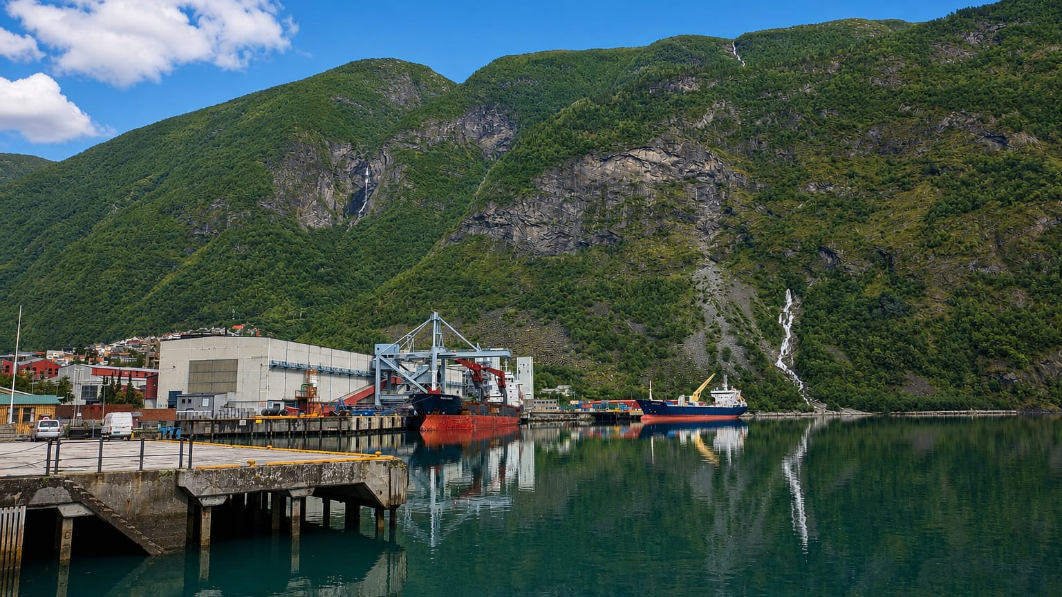 Årdalstangen's industrial fjord port with cargo ships at the dock, a waterfall and steep forested mountains at the head of Årdalsfjorden.