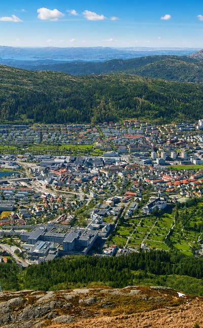 Elevated daytime view over Kronstad, Bergen, low-rise housing in a green valley framed by forested hills and fjord inlets.