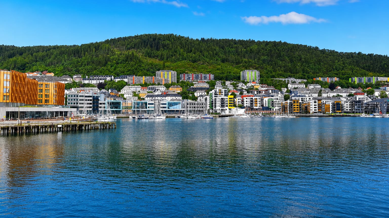 Waterfront townscape of Solheim, Bergen, with colorful modern buildings and a marina below the forested Løvstakken hill.