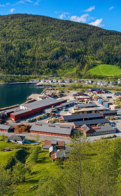 Granvin settlement at the head of the Granvinsfjord, with waterfront buildings below steep forested mountains and green farmland.