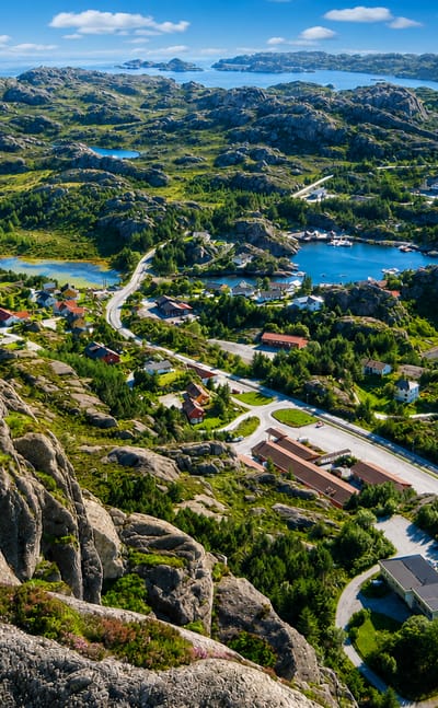 Aerial view of Hardbakke, Norway, scattered among rocky islets and blue sounds in the Solund archipelago