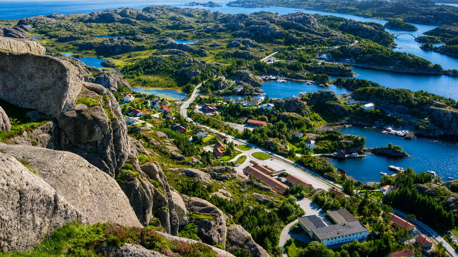 Aerial view of Hardbakke, Norway, scattered among rocky islets and blue sounds in the Solund archipelago