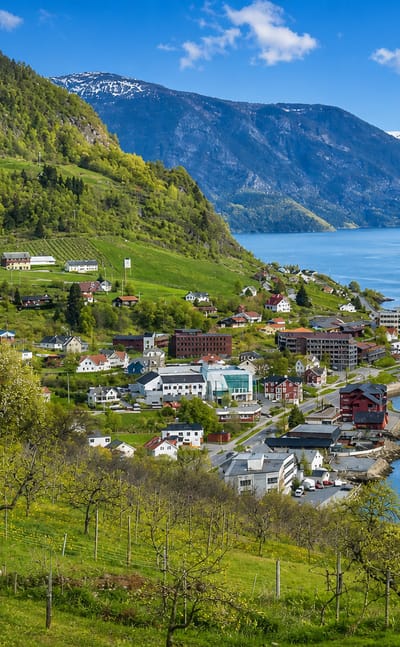 Hermansverk village along the Sognefjord shore, orchards on green slopes and snow-capped mountains across the water.