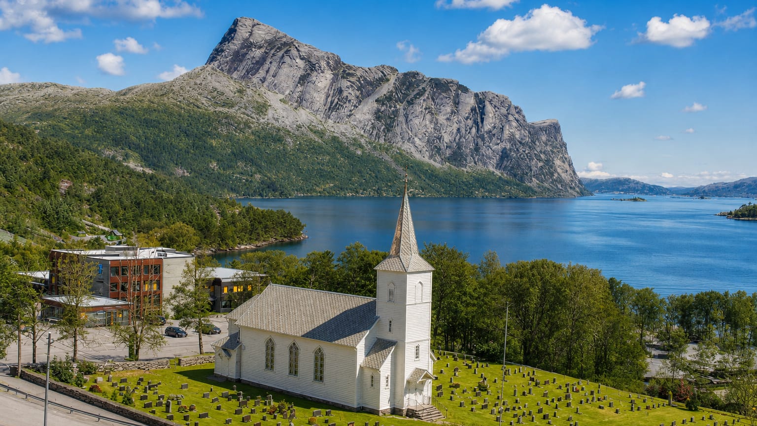White wooden church and fjord-side cemetery in Hyllestad, Norway, with steep mountains rising across the calm fjord.
