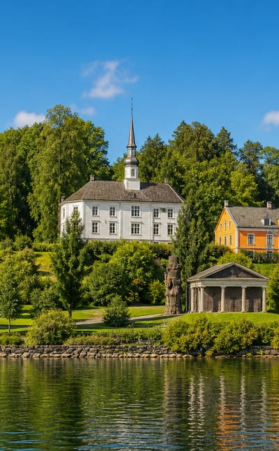 Rosendal, Norway, a dark timber church and white manor amid lush parkland beside calm water in Vestland.