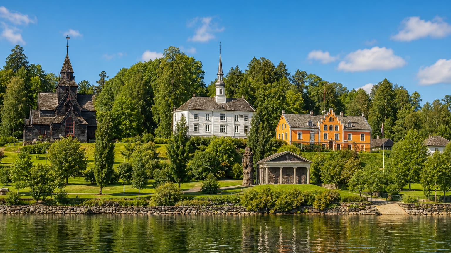 Rosendal, Norway, a dark timber church and white manor amid lush parkland beside calm water in Vestland.