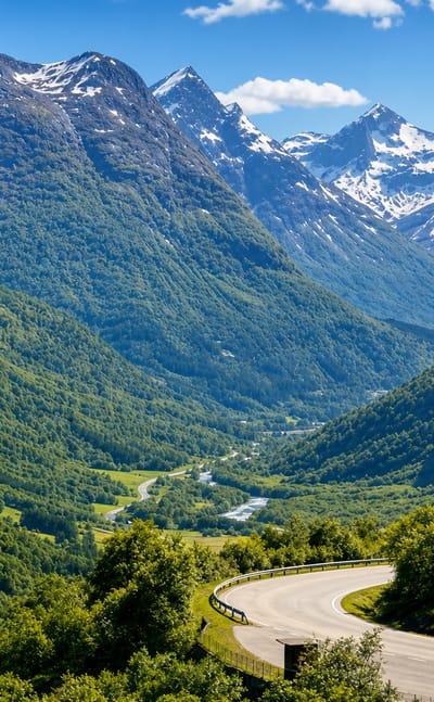 A green glacial valley with a winding road and snow-capped peaks near Stryn, Norway