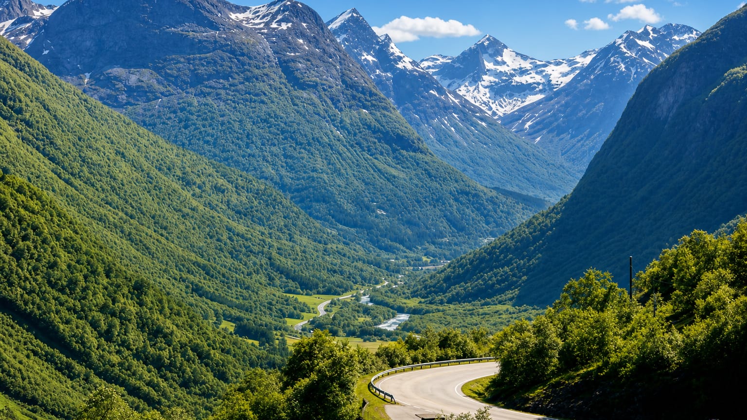 A green glacial valley with a winding road and snow-capped peaks near Stryn, Norway