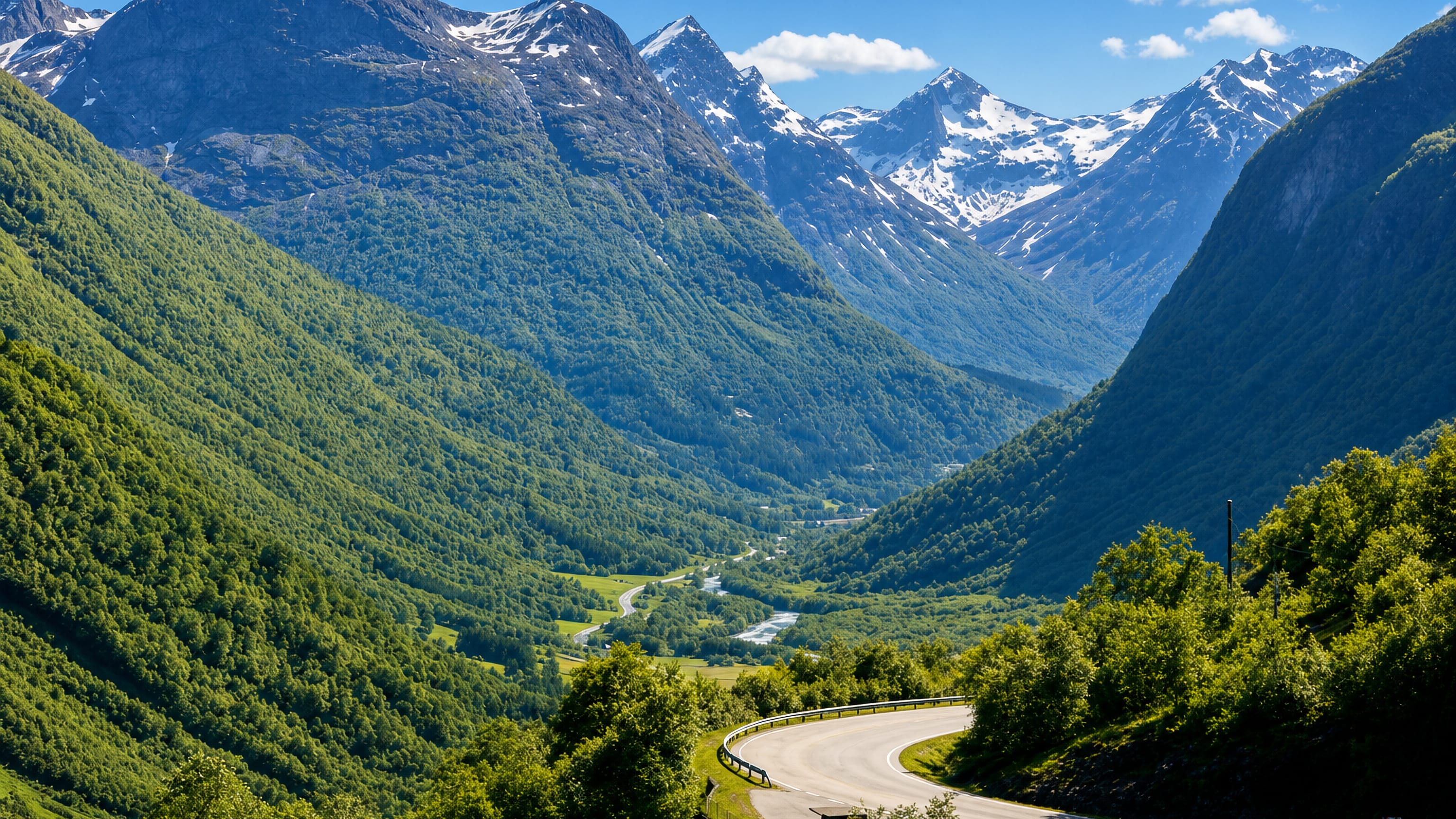 A green glacial valley with a winding road and snow-capped peaks near Stryn, Norway