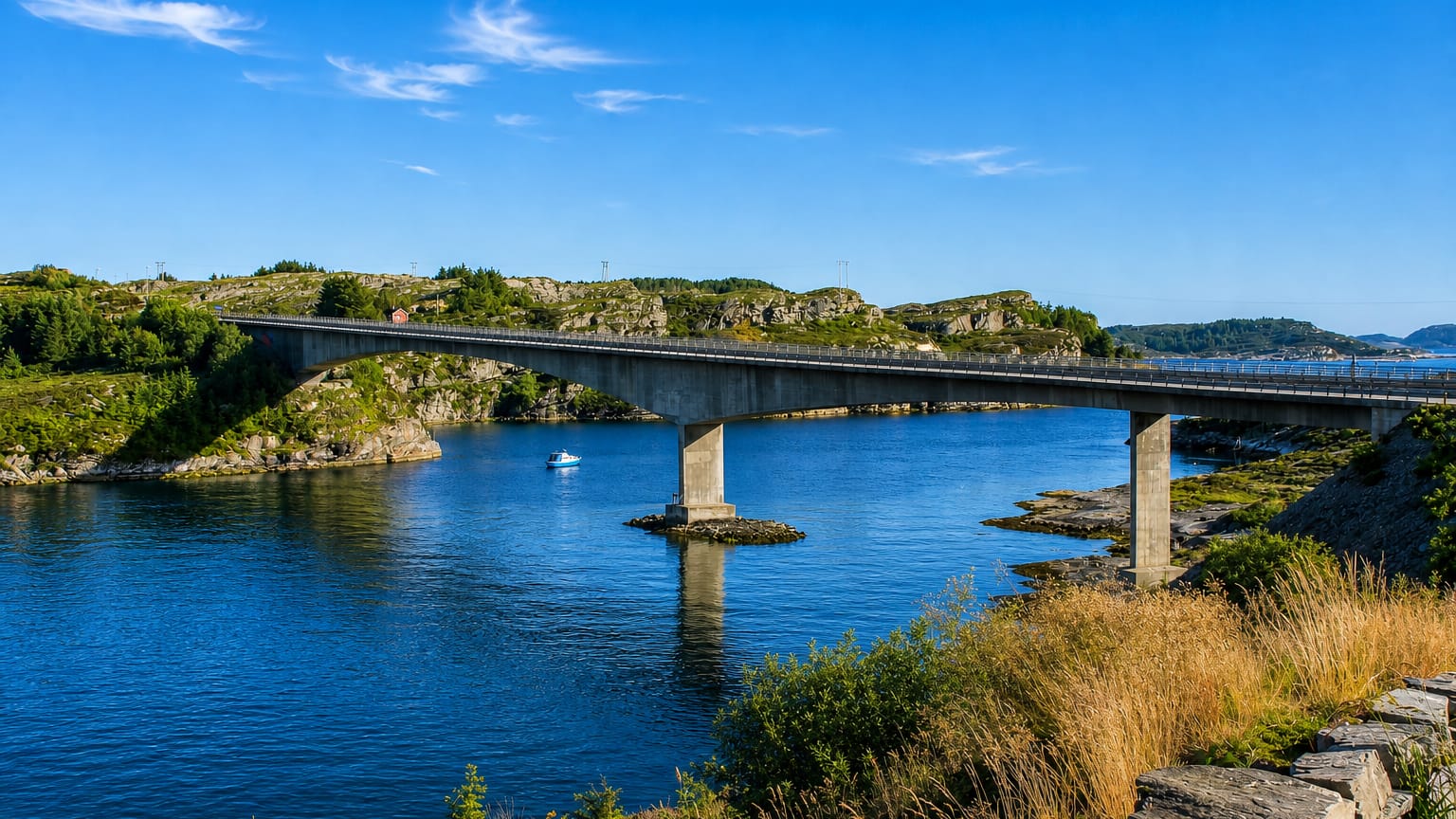 Concrete road bridge spanning blue coastal water between rocky islets near Svelgen, Norway.
