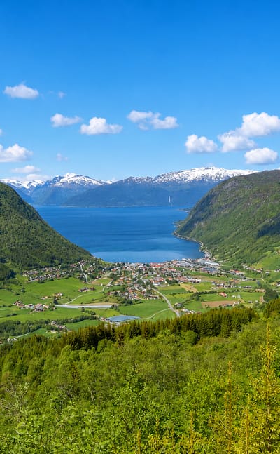 Village of Vikoyri on the green shore of the Sognefjord below snow-capped mountains, Norway