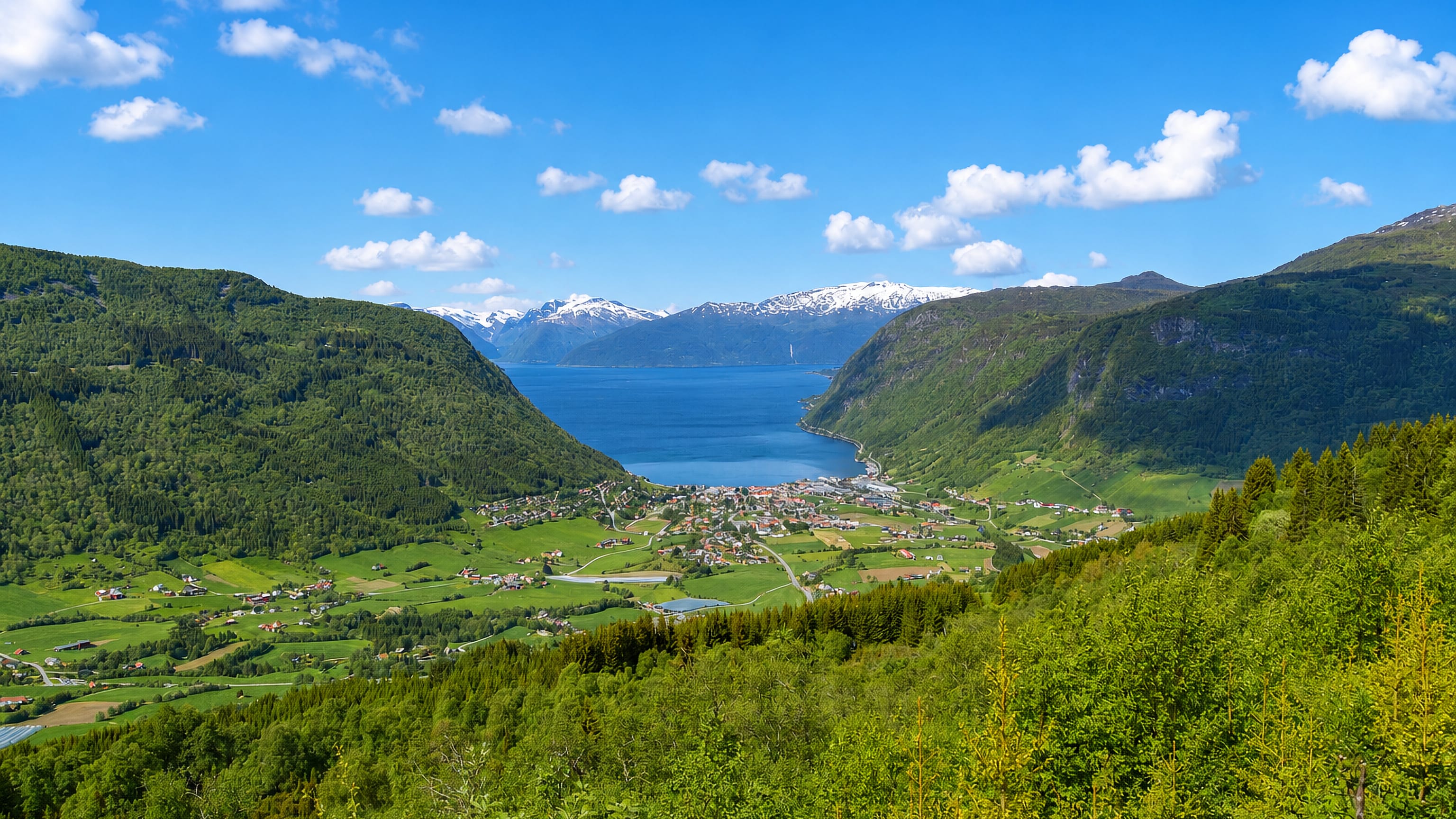 Village of Vikoyri on the green shore of the Sognefjord below snow-capped mountains, Norway