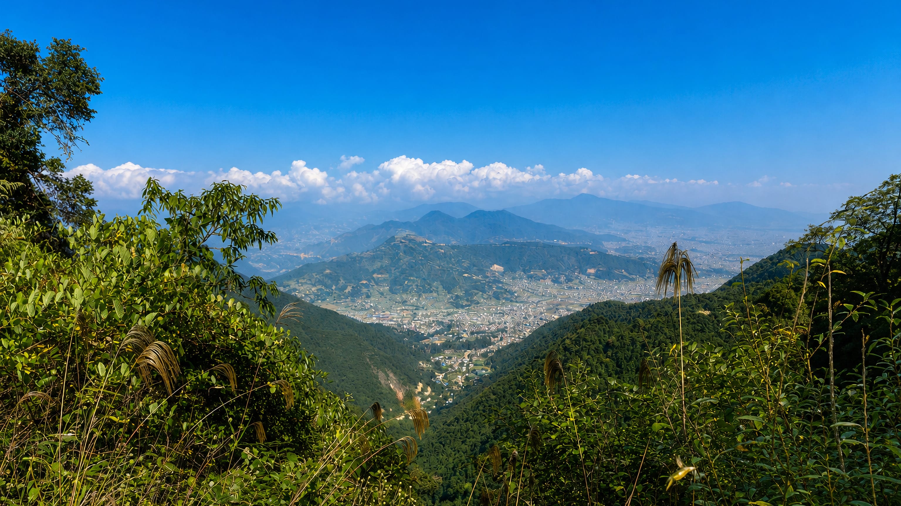 Kathmandu Valley and city sprawl viewed from a forested hillside with Himalayan foothills beyond under blue sky