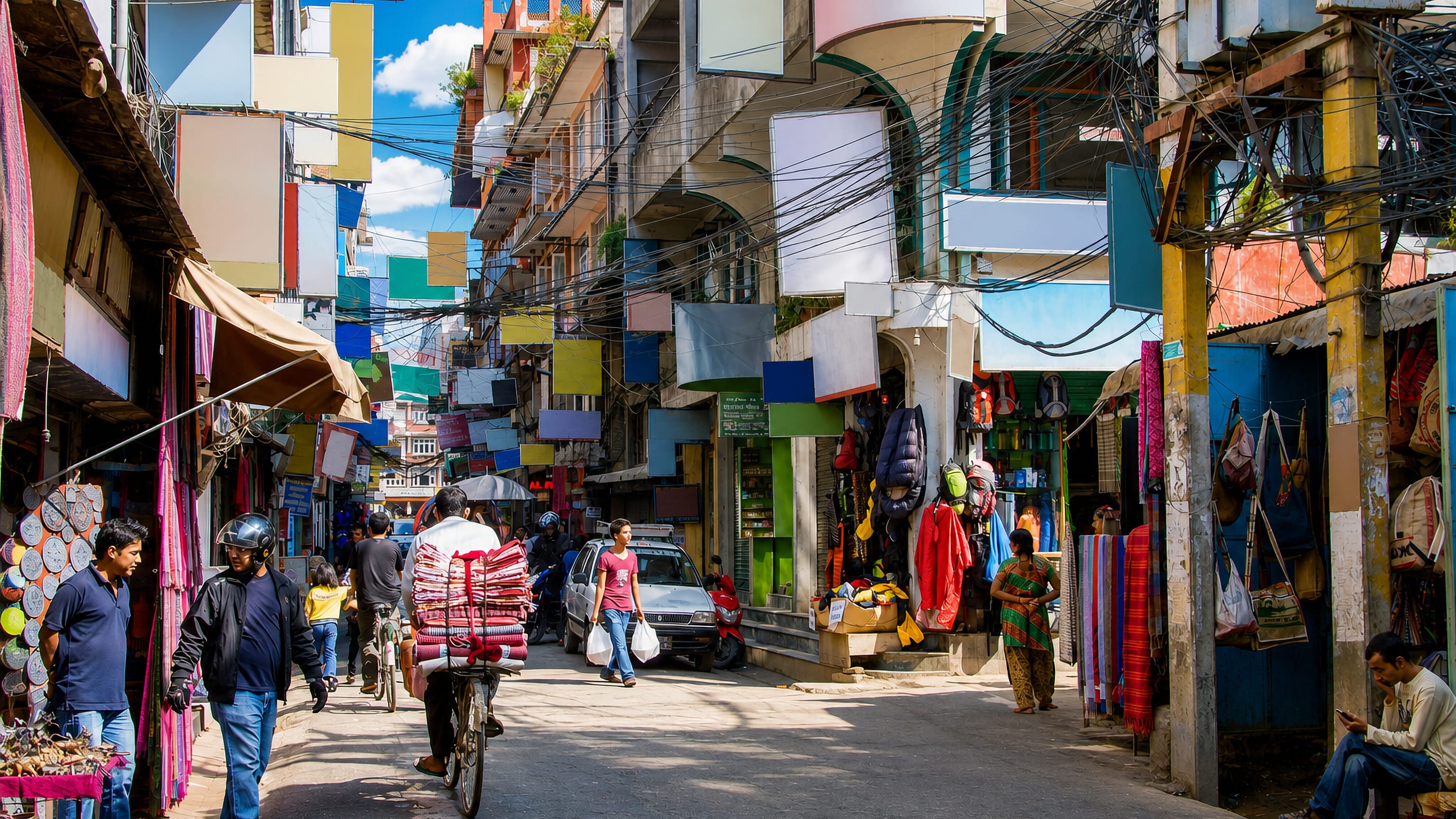 Crowded Thamel bazaar street in Kathmandu, lined with trekking-gear shops, hanging signboards and tangled wires