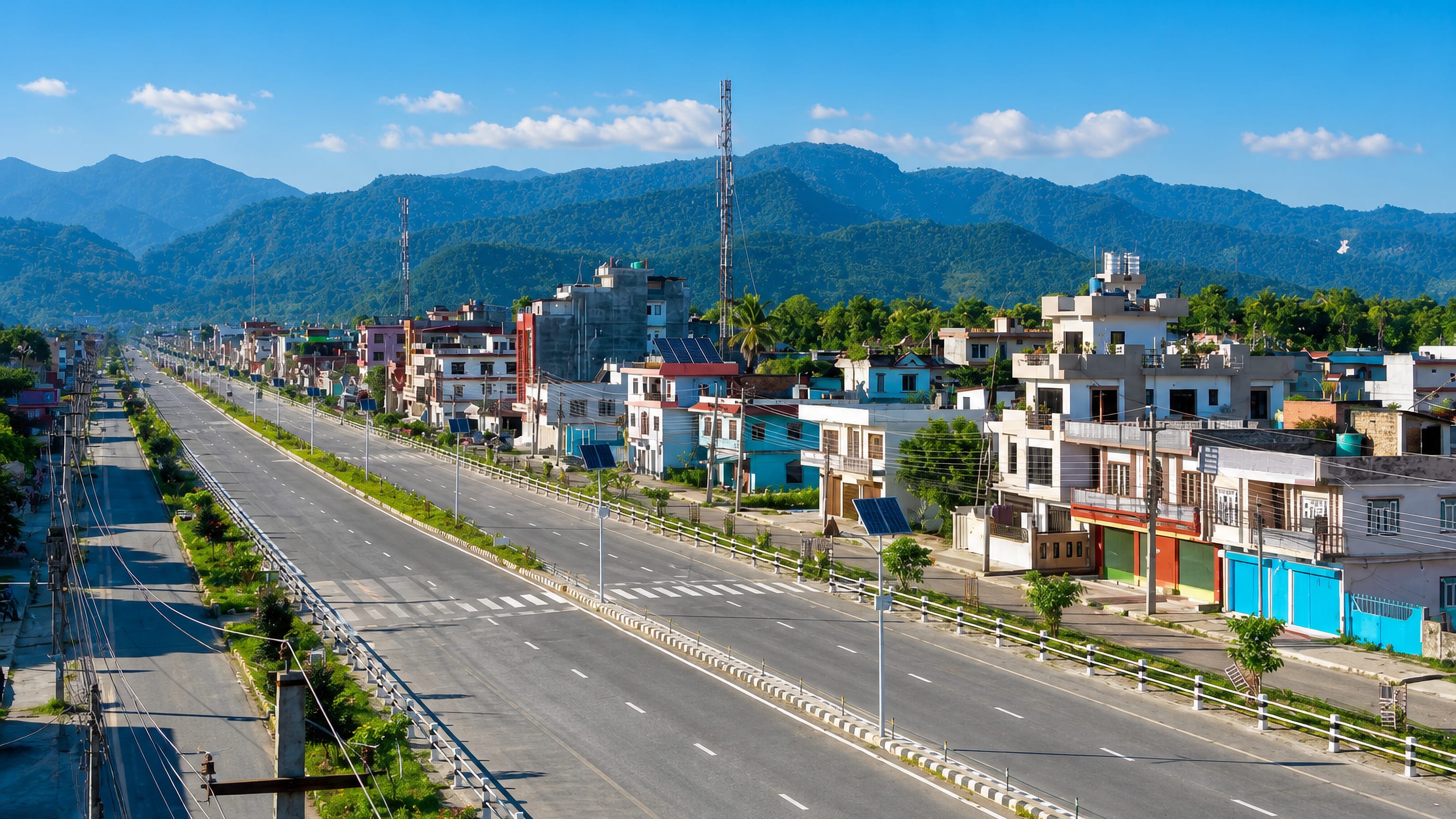 Divided highway through Butwāl, Nepal, lined with shops and homes below the forested Siwalik hills.