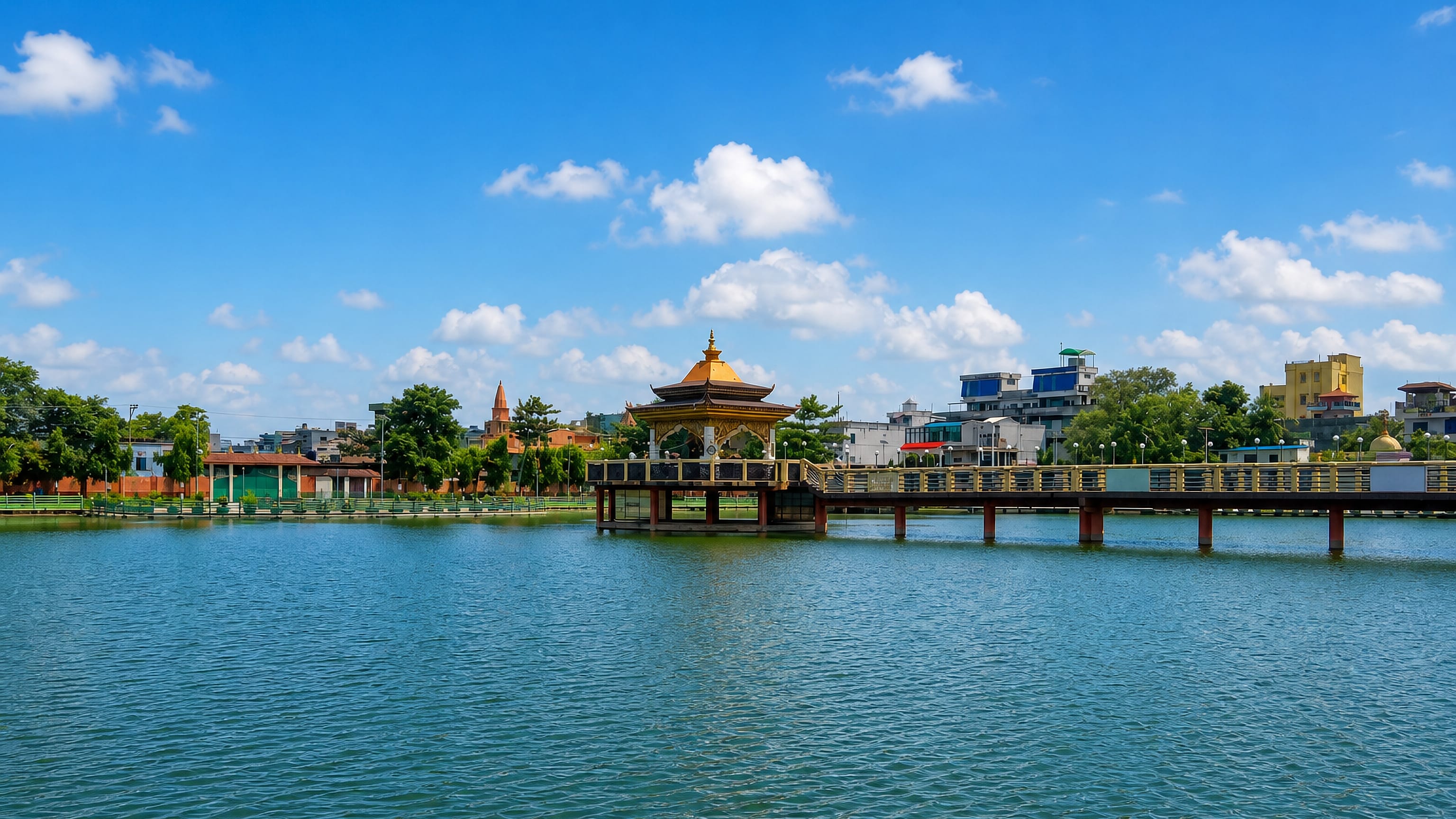 A golden-roofed pavilion on a causeway over a pond, with the low skyline of Birganj, Nepal, behind.