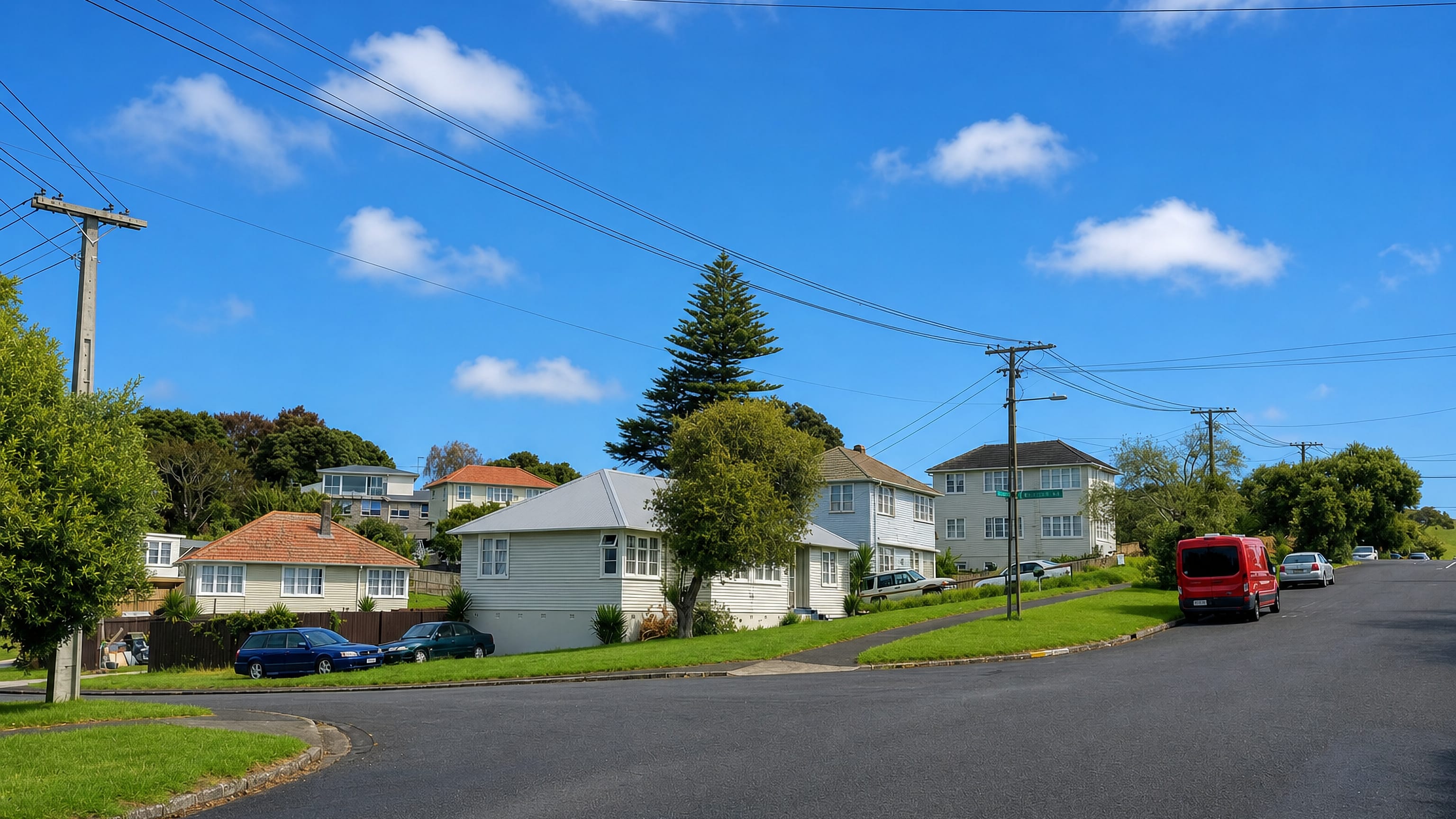 Weatherboard bungalows and a Norfolk pine on a quiet Tamaki street in eastern Auckland