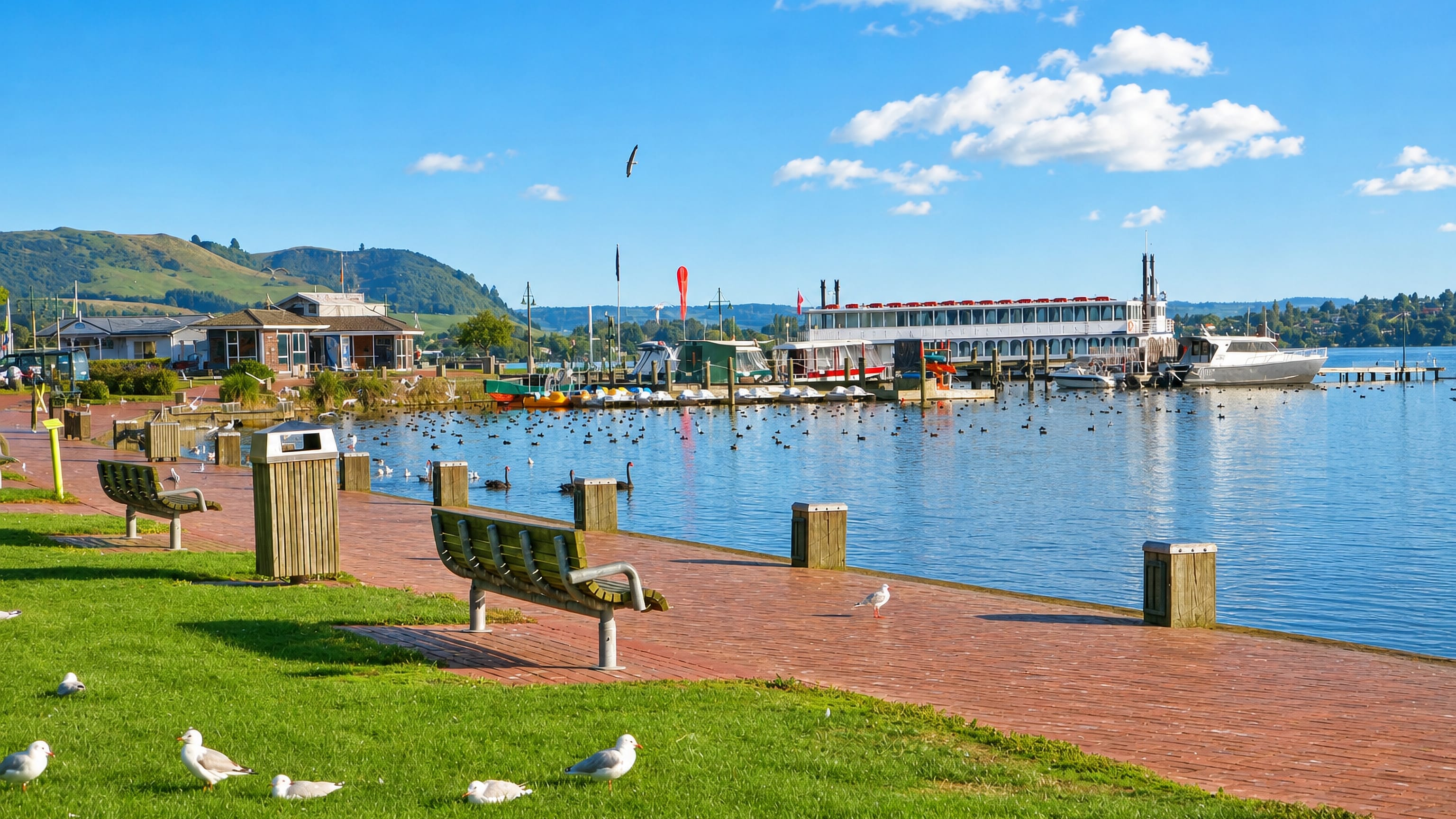 Rotorua's lakefront promenade with benches, gulls and a moored paddle steamer on Lake Rotorua.