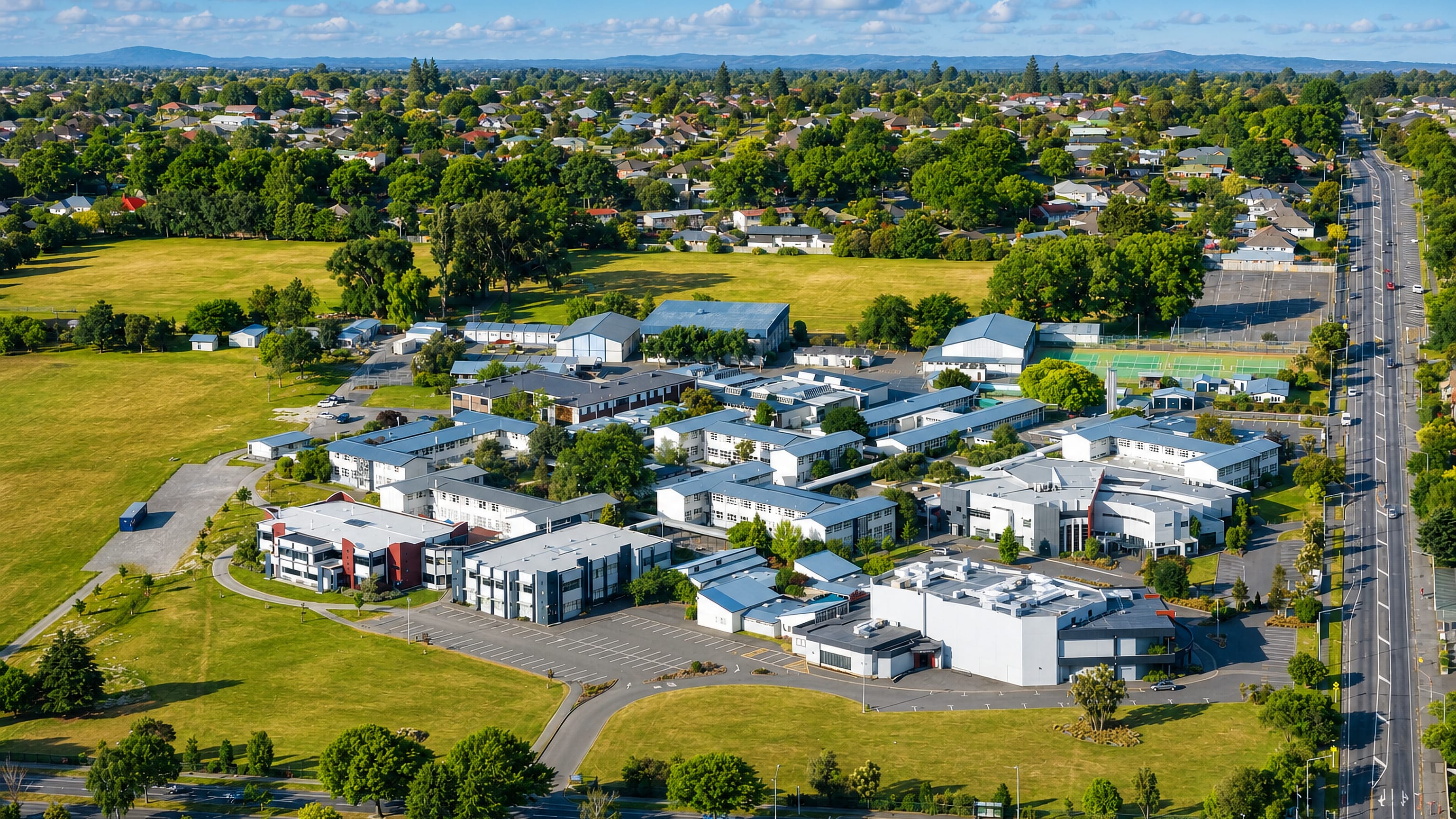 Aerial view of Burnside's sprawling school campus, playing fields and suburban streets in Christchurch.