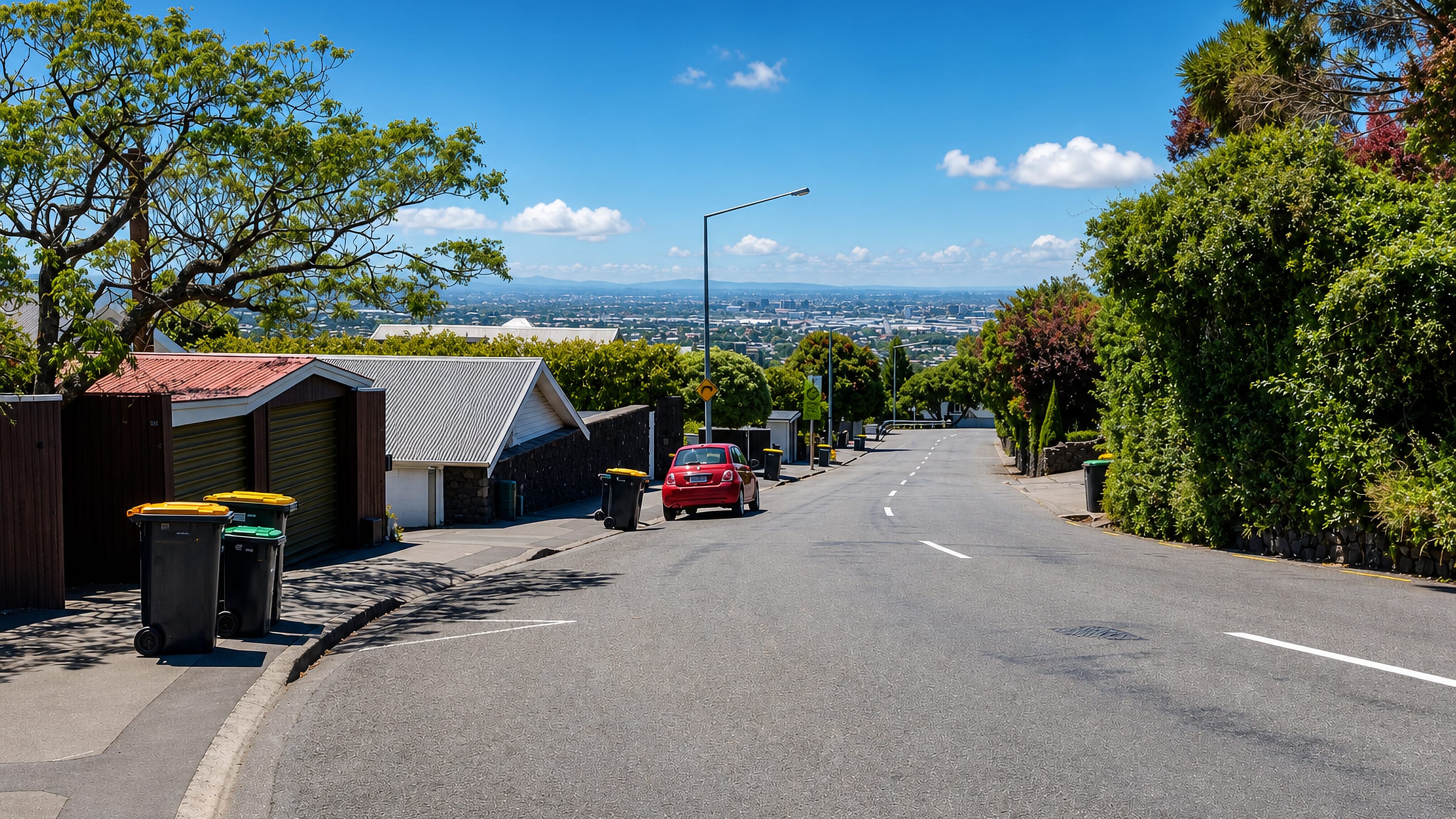 Hillside street in Cashmere, Christchurch, looking down over the city and the Canterbury plains.