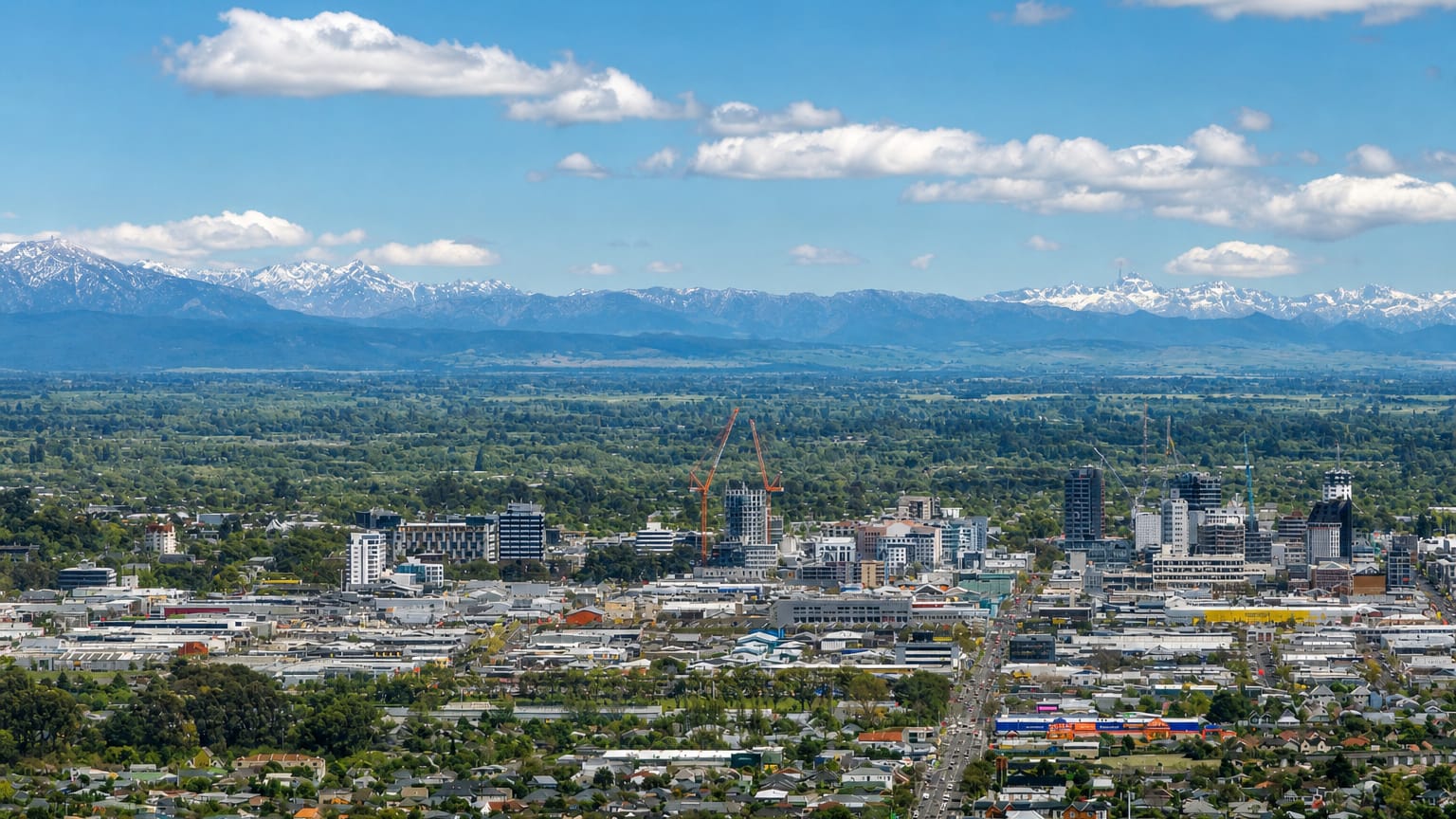 Christchurch spreads across the Canterbury plains below the snow-capped Southern Alps.