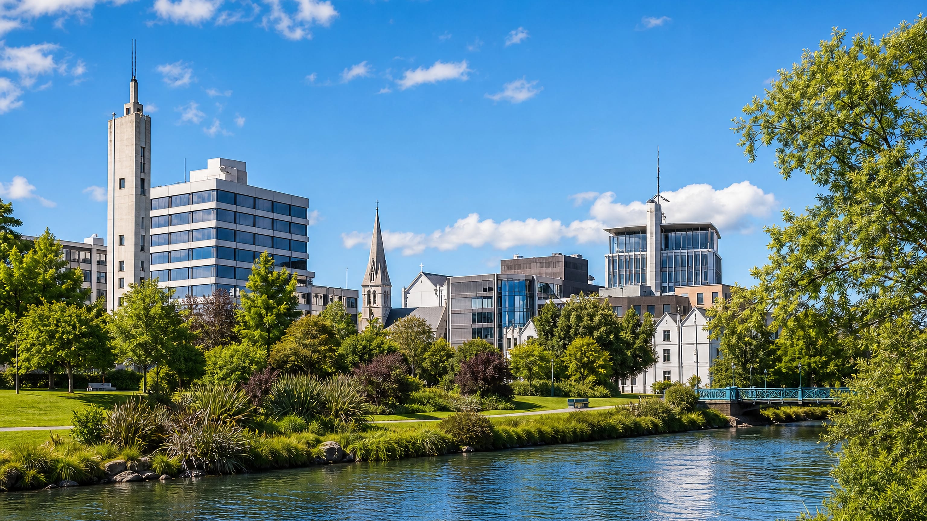 Sunlit Avon River, riverside gardens and low-rise office blocks in central Christchurch near Mairehau, New Zealand.