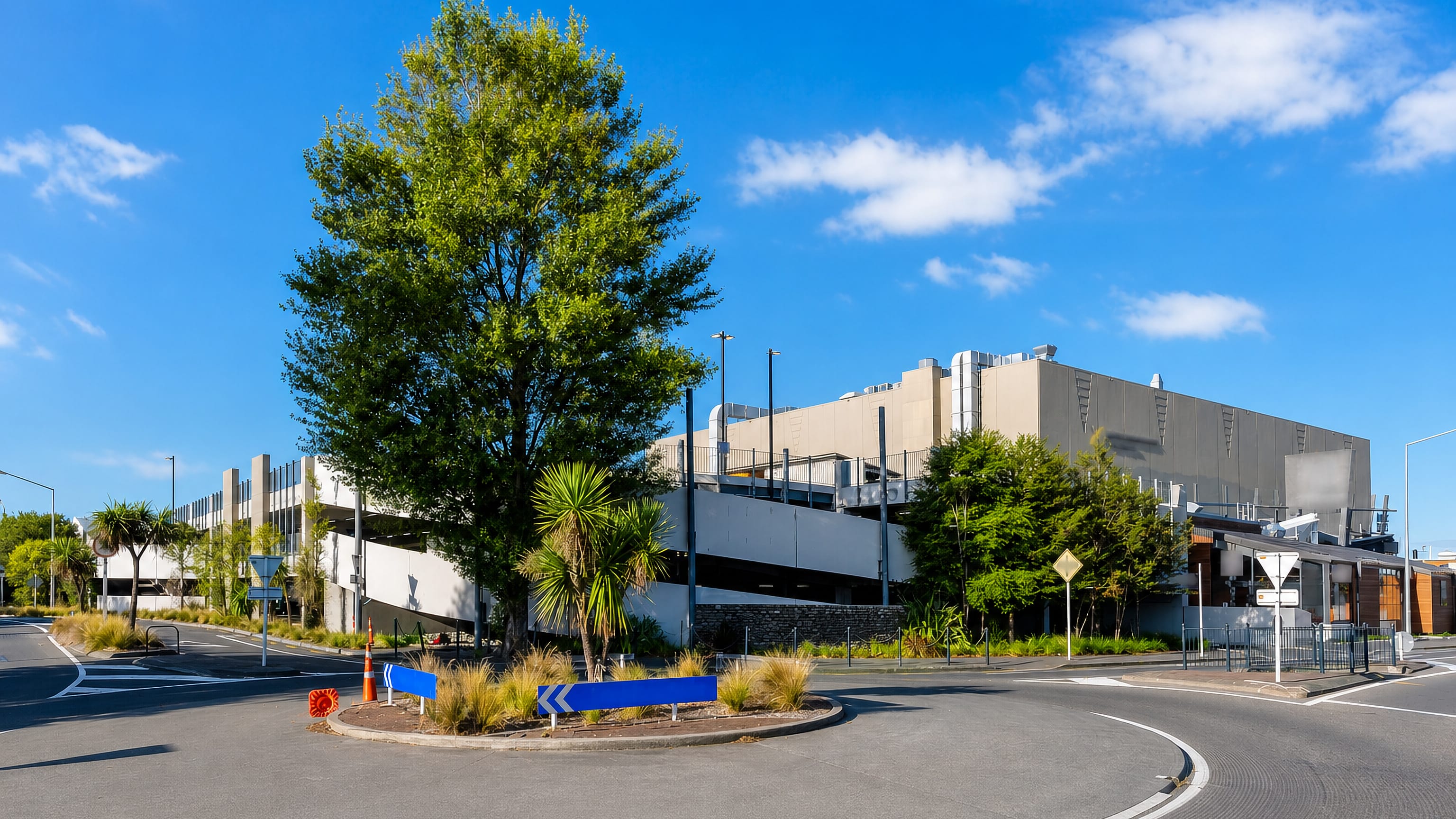 Roundabout with cabbage trees fronting the shopping-centre car park in Papanui, Christchurch.