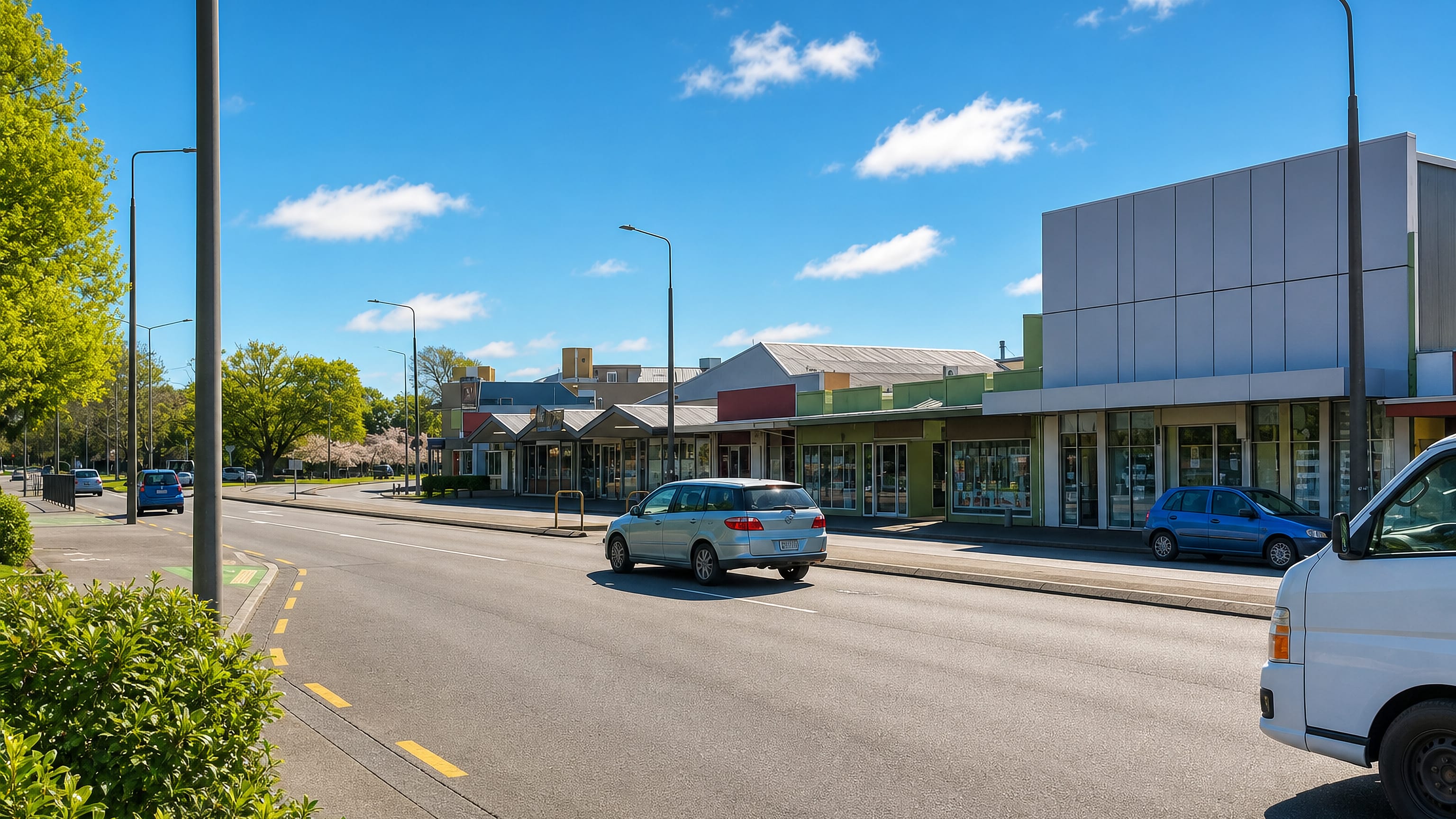Shopfronts and a wide arterial road under clear blue skies in Upper Riccarton, a western suburb of Christchurch.