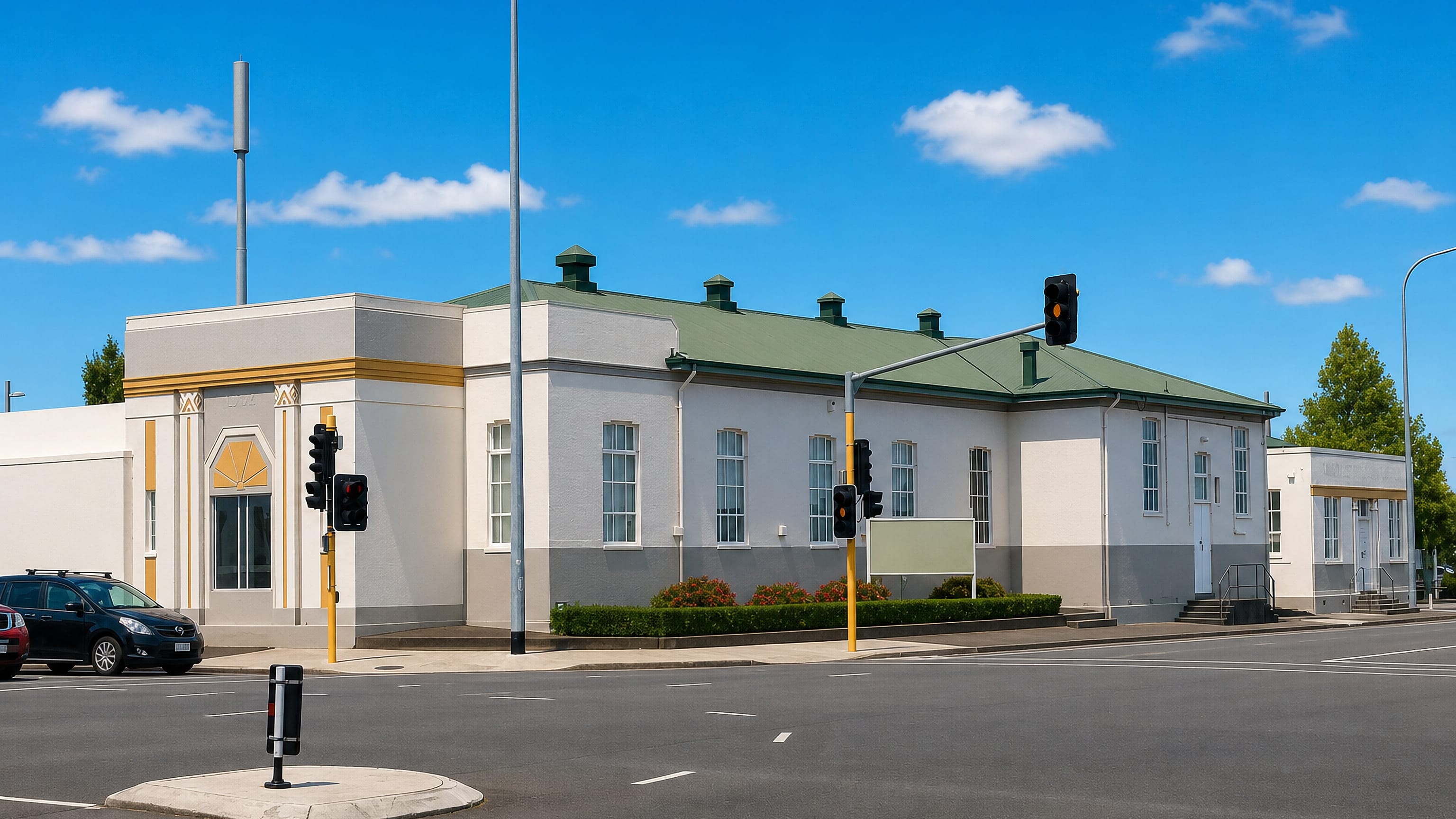 Art Deco civic building on a sunlit street corner in Taradale, a suburb of Napier, New Zealand.