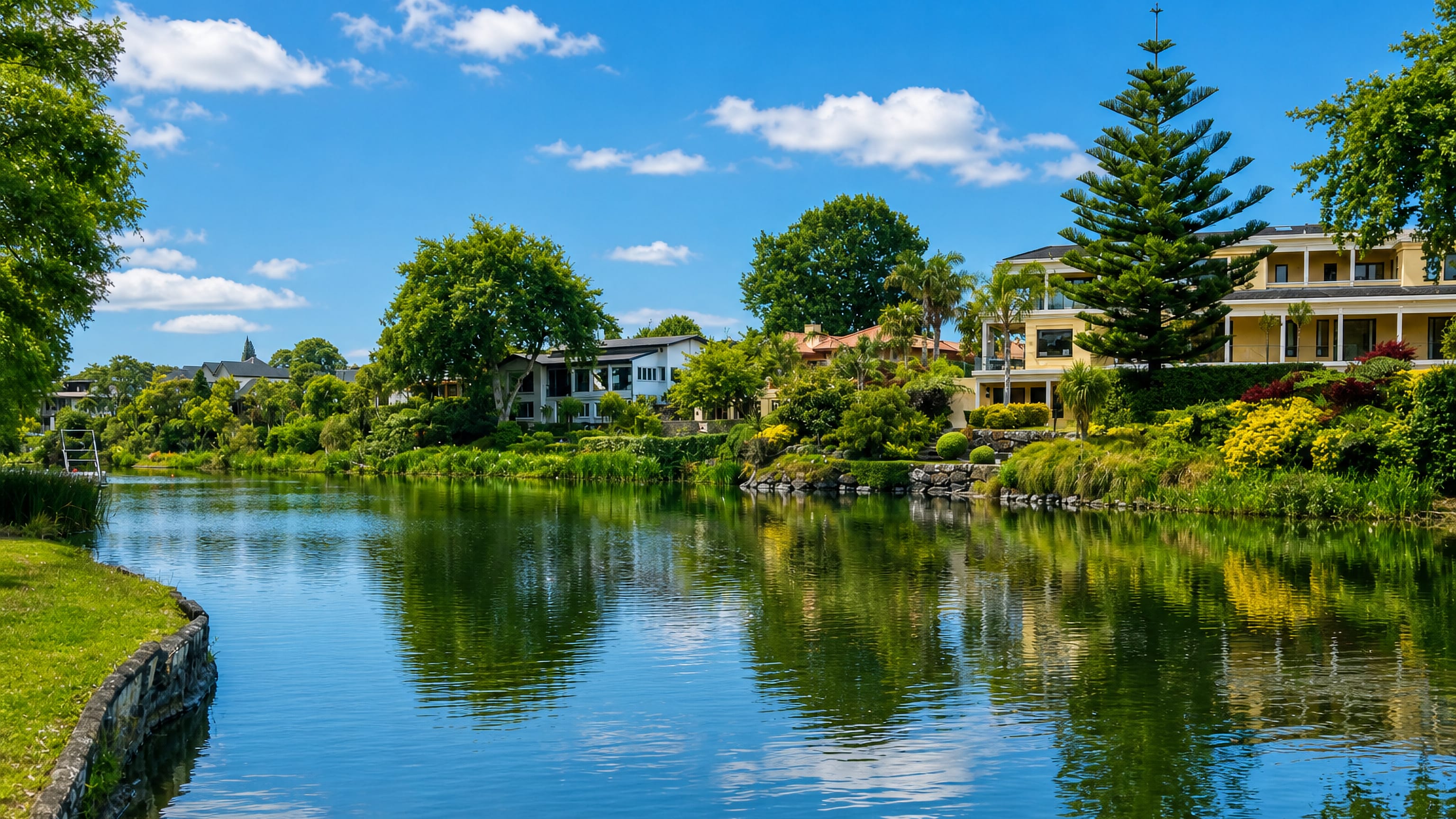 Houses and Norfolk pines reflected in the calm water of the Hokowhitu Lagoon, Palmerston North.