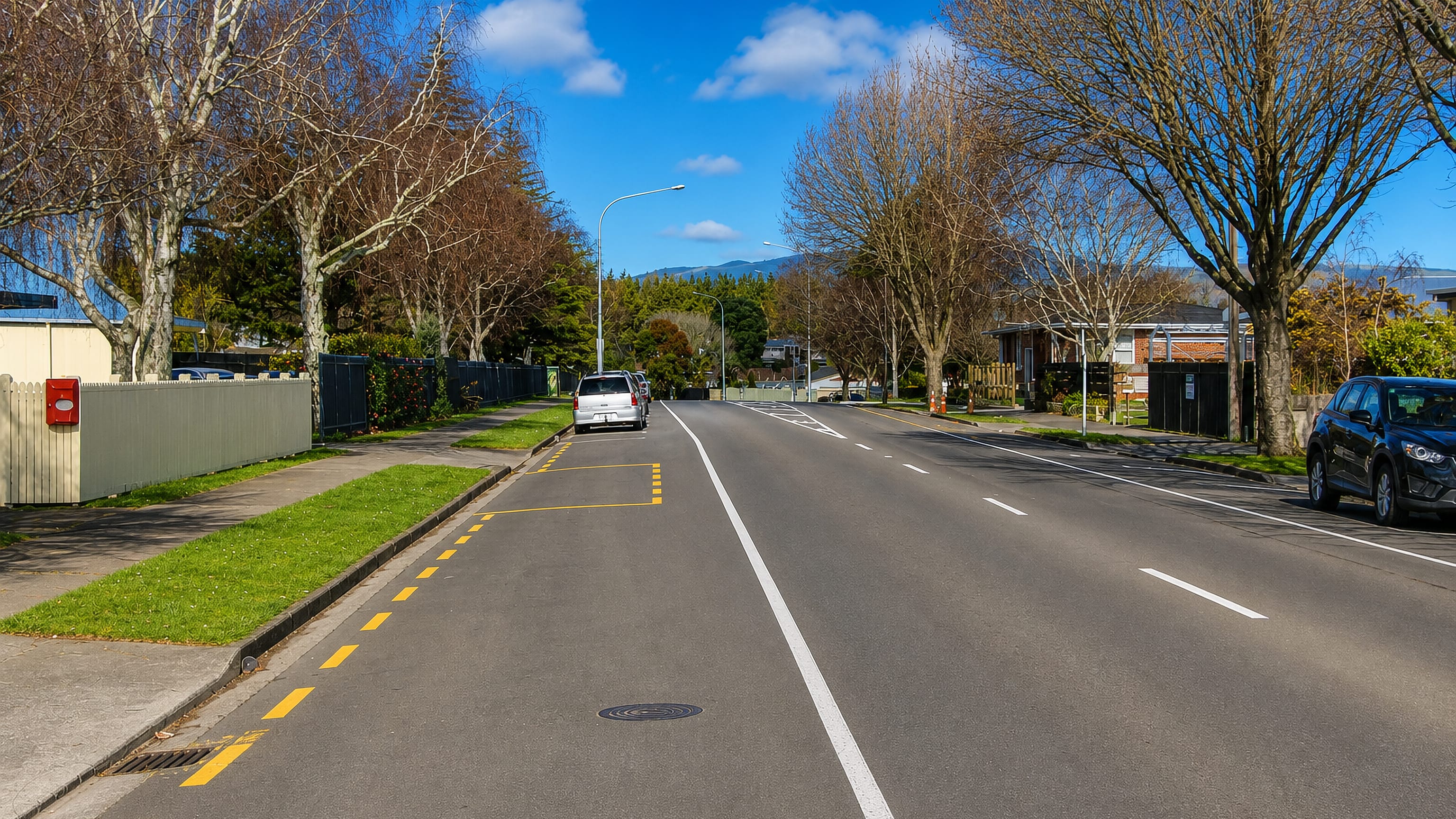 Tree-lined residential road in West End, Palmerston North, with bare winter trees and hills on the horizon.