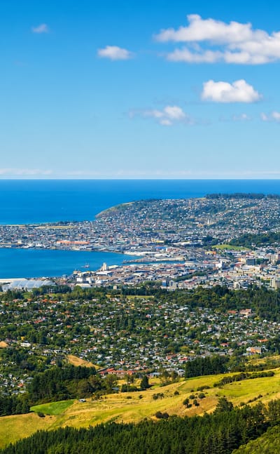 Aerial view over Dunedin, New Zealand, with its harbour, city centre and green Otago hills meeting the sea.